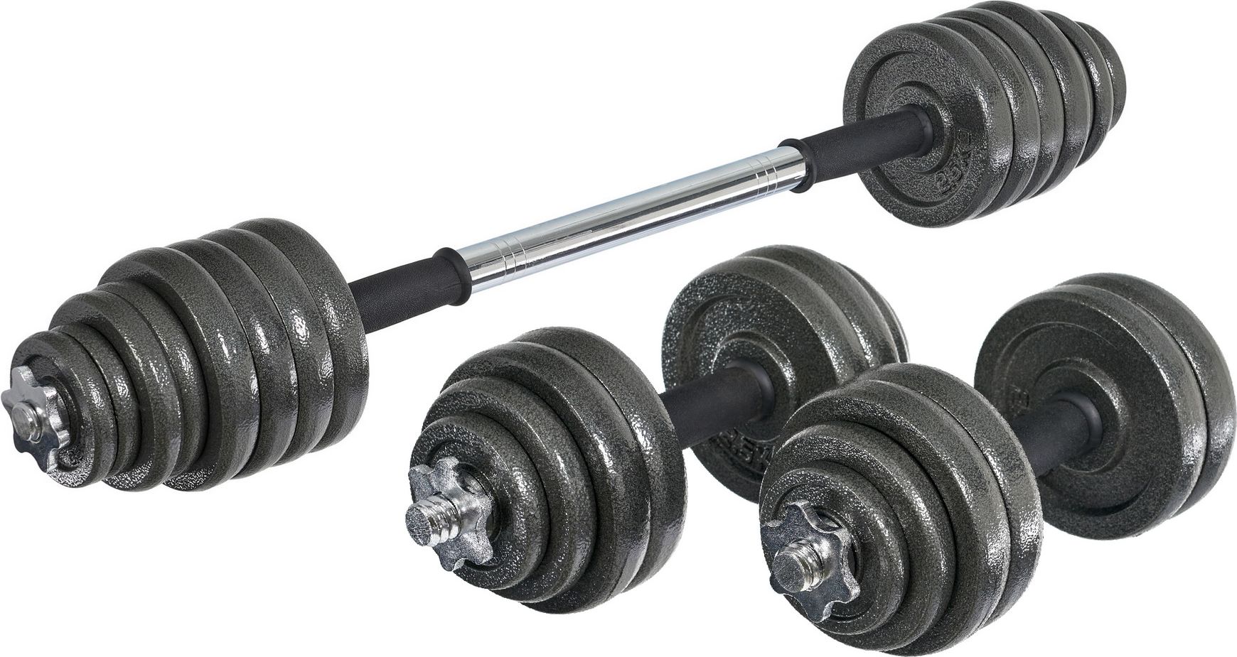 Набор гантелей и гриф для штанги, 30 кг, пластиковый кейс